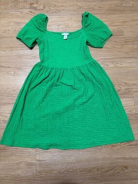 H&M Vibrant Green Textured Square Neck Dress